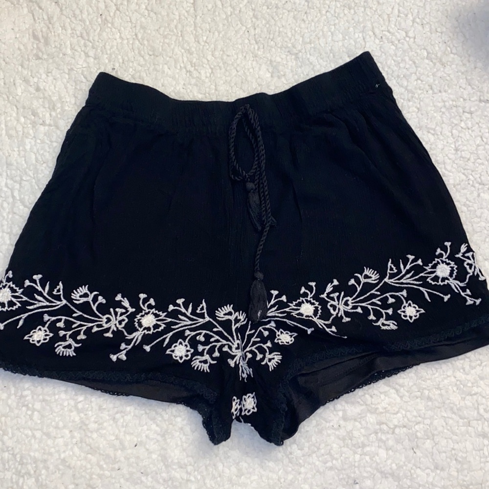 Black Floral Embroidered Shorts